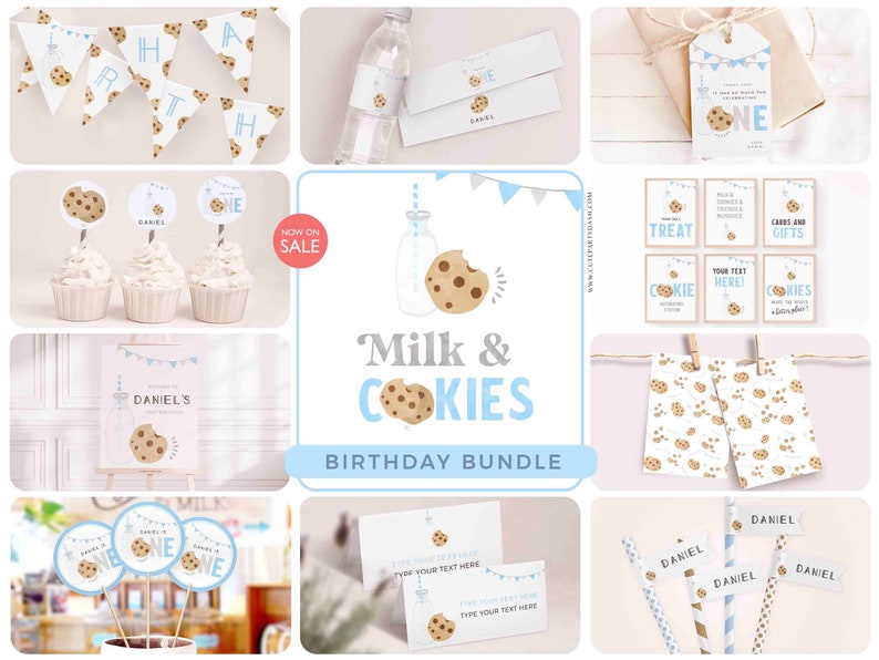 May include: A printable party supply bundle for a milk and cookies themed birthday party. The bundle includes a variety of items such as banners, cupcake toppers, favor tags, water bottle labels, and food labels. The design features a blue and gray color scheme with illustrations of cookies and milk.