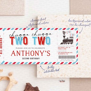 EDITABLE Chugga Chugga Choo choo Train Birthday Party ticket invitation, Second Birthday two two train Boarding Pass corjl printable invite