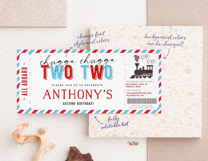 EDITABLE Chugga Chugga Choo choo Train Birthday Party ticket invitation, Second Birthday two two train Boarding Pass corjl printable invite