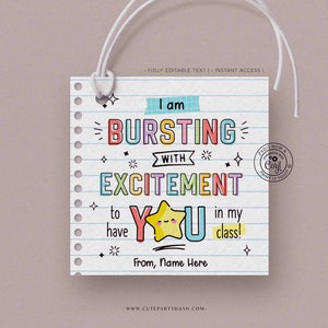 Bursting With Excitement Back to School Candy Tag Editable Printable Teacher Kids Starburst First day of school gift tag INSTANT DOWNLOAD