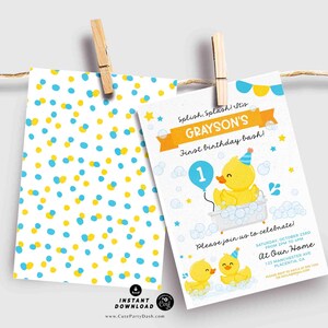 May include: A yellow rubber duck wearing a party hat sits in a bathtub with bubbles. The invitation reads "Splish, Splash! Grayson's First Birthday Bash!" with a blue and yellow polka dot background.