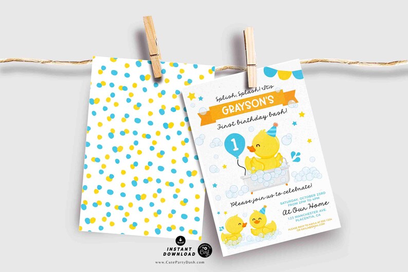 May include: A yellow rubber duck wearing a party hat sits in a bathtub with bubbles. The invitation reads "Splish, Splash! Grayson's First Birthday Bash!" with a blue and yellow polka dot background.