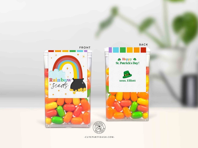 Editable Rainbow Seeds Mint Treat labels, St. Patrick's day gift St. Paddy's Party Favor Printable Tic Tac Sticker template INSTANT DOWNLOAD