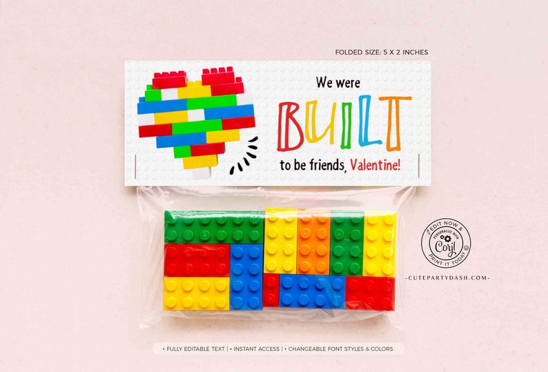May include: A printable Valentine's Day card with a colorful Lego heart and the text "We were BUILT to be friends, Valentine!" The card is folded and comes with a small bag of Lego bricks.