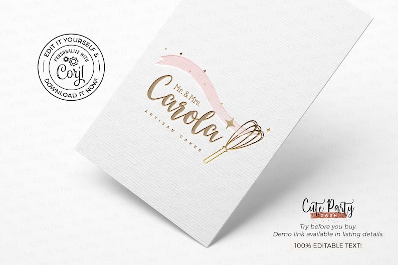 Puede incluir: Tarjeta blanca con el logo "Mr. & Mrs. Carola Artisan Cakes". El logo presenta texto dorado, una cinta rosa, estrellas y un batidor. La tarjeta tambi&eacute;n incluye el texto "Edit it Yourself & Personalize with Corjl Download it Now!" y "Cute Party Dash."