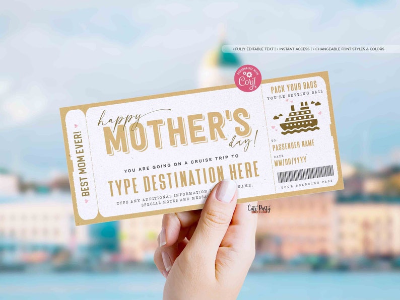 Mother's Day Gift Cruise Boarding Pass Vacation Ticket Gift Voucher, Editable Gift Ticket Template, Surprise Cruise ticket, INSTANT DOWNLOAD