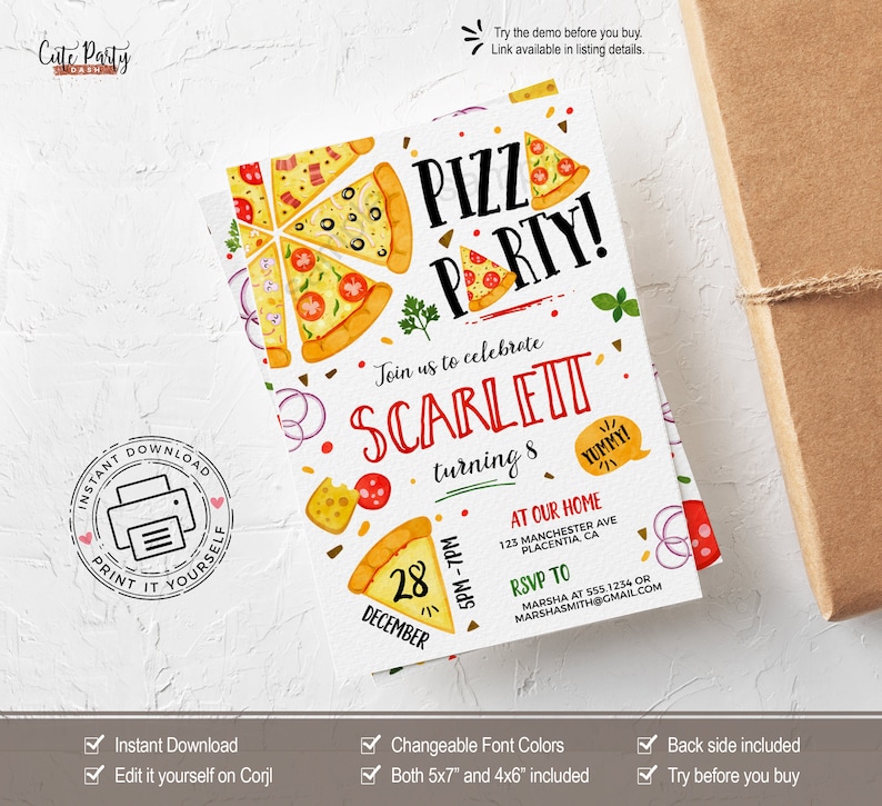 Pizza party printable invitation - instant download