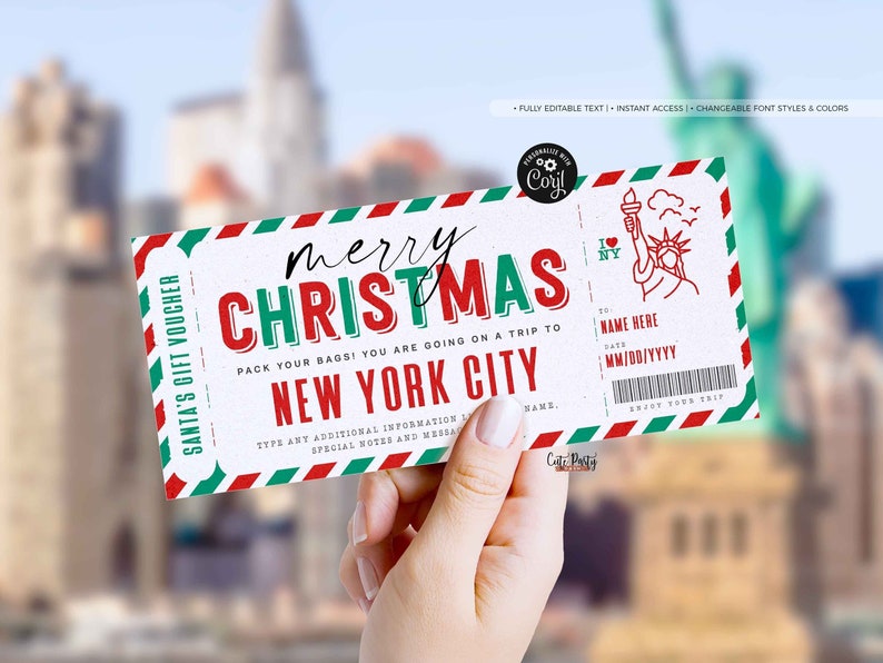 May include: A red, green, and white Christmas gift voucher with the text "merry CHRISTMAS" and "PACK YOUR BAGS! YOU ARE GOING ON A TRIP TO NEW YORK CITY". The voucher has a picture of the Statue of Liberty and the text "I &hearts; NY".