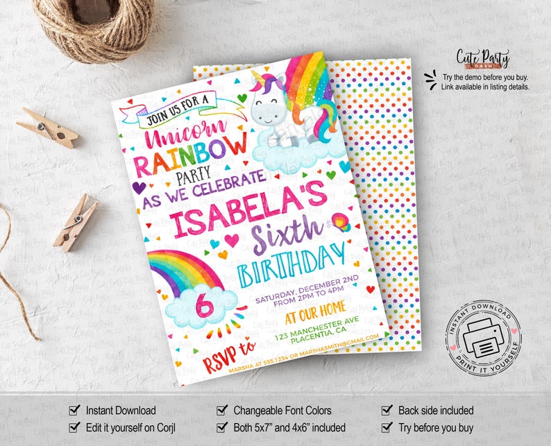 May include: A vibrant invitation for a unicorn-themed birthday celebration. The design includes a rainbow, a unicorn, and the text "Isabela's Sixth Birthday." The invitation features hearts and a rainbow colour scheme. The party is to be held at a home.