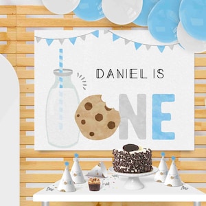 Blue Milk and Cookies Birthday Backdrop Printable  INSTANT DOWNLOAD Wall sign Decor Birthday Poster, Editable Minimal Wall Decoration 526