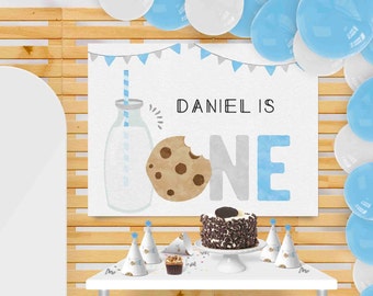 Blue Milk and Cookies Birthday Backdrop Printable  INSTANT DOWNLOAD Wall sign Decor Birthday Poster, Editable Minimal Wall Decoration 526
