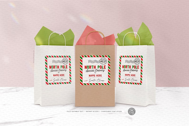 Peut inclure: Trois sacs cadeaux en papier blanc et brun avec des &eacute;tiquettes ray&eacute;es rouge et vert qui disent "North Pole Special Delivery for NAME HERE from Santa Claus".