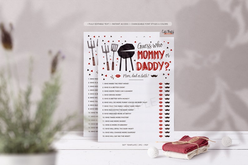 May include: Printable game card with the text "Guess who Mommy or Daddy?" and a list of questions about who does what in the family. The card is decorated with red hearts, black and red triangles, a black grill, a red spatula, and a red fork.