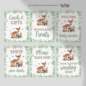 May include: Six printable 8x10 inch signs with woodland animal illustrations and text. The signs say "Cards & Gifts", "Woodland Treats", "Welcome Baby Gordon", "Enjoy some drinks", "Please Take One!" and "Your Custom Wording Here!"