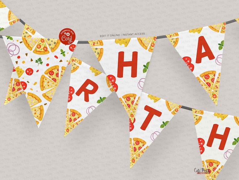 K&ouml;nnte beinhalten: Ein wei&szlig;es und rotes Banner mit einem Pizzamotto. Das Banner sagt "Happy Birthday" mit jedem Buchstaben auf einer separaten dreieckigen Flagge. Die Flaggen sind mit Pizzast&uuml;cken, Pepperoni, K&auml;se und anderen Pizzabel&auml;gen verziert.