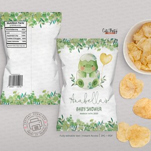 EDITABLE Dinosaur Baby Shower greenery chip bag label INSTANT DOWNLOAD