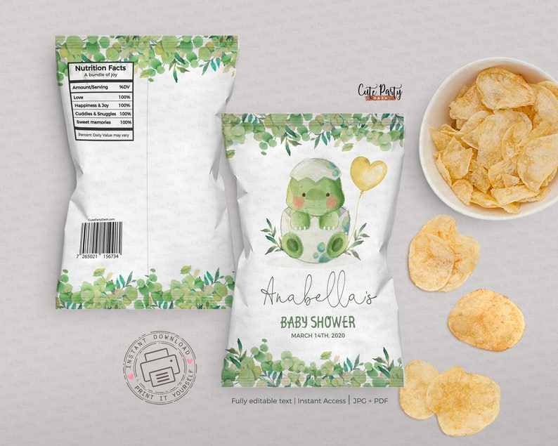 EDITABLE Dinosaur Baby Shower greenery chip bag label INSTANT DOWNLOAD