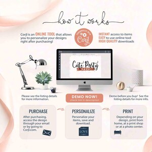 May include: A graphic showing how to use the Corjl online tool to personalize and print designs. The graphic shows a computer screen with a sample design, a purchase section, a personalize section, and a print section. The text on the graphic says "Corjl is an ONLINE TOOL that allows you to personalize your designs right after purchasing!" and "INSTANT access to items EASY to use online tool HIGH QUALITY downloads".