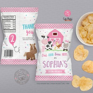 May include: Printable chip bag favor for a second birthday party with a farm theme. The bag is pink and white with a red barn, farm animals, and the text "Oink Cluck Baaa MOOO... It's Sophia's Second Birthday".