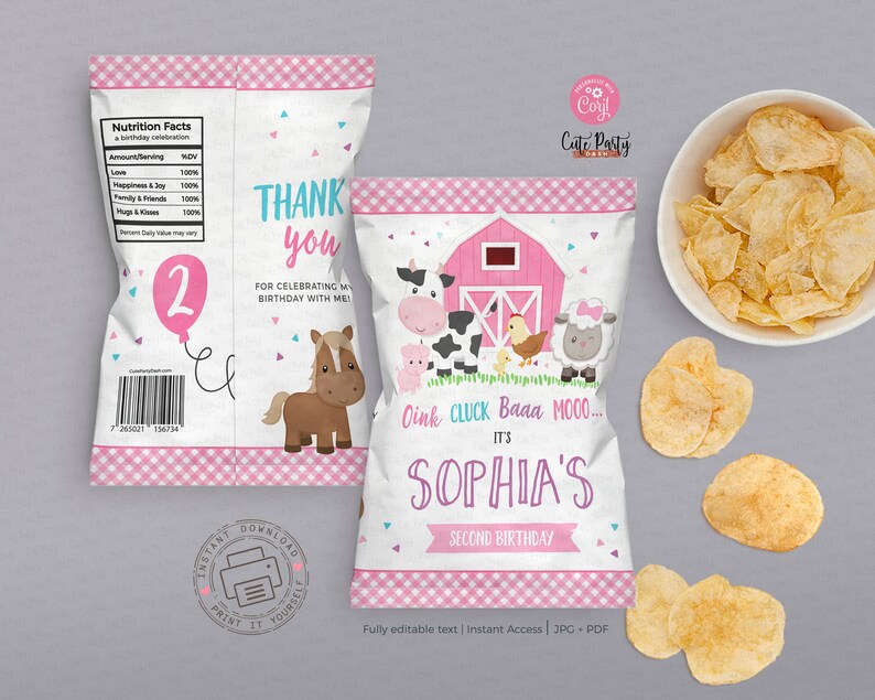 May include: Printable chip bag favor for a second birthday party with a farm theme. The bag is pink and white with a red barn, farm animals, and the text "Oink Cluck Baaa MOOO... It's Sophia's Second Birthday".