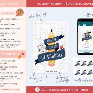 Puede incluir: Un imprimible digital con un l&aacute;piz amarillo y una pancarta azul que dice "Happy First Day of School!". Un b&uacute;ho con gafas est&aacute; a la izquierda. El dise&ntilde;o es editable e imprimible.