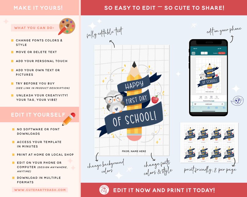 Puede incluir: Un imprimible digital con un l&aacute;piz amarillo y una pancarta azul que dice "Happy First Day of School!". Un b&uacute;ho con gafas est&aacute; a la izquierda. El dise&ntilde;o es editable e imprimible.
