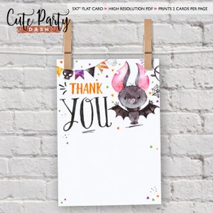 May include: A printable thank you card featuring a cute cartoon bat with pink ears and a black body. The card has a white background with colorful confetti and a banner that says "Thank You".