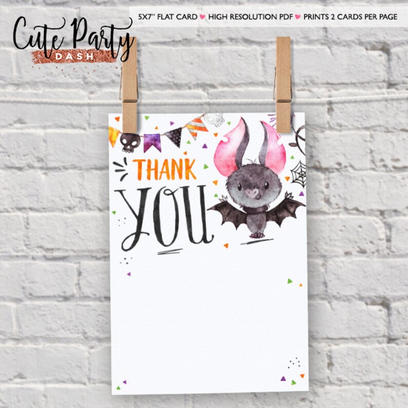 May include: A printable thank you card featuring a cute cartoon bat with pink ears and a black body. The card has a white background with colorful confetti and a banner that says "Thank You".