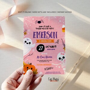 May include: Pink Halloween party invitation with a ghost and skeleton illustration. The invitation says "Join us for a Spook-tacular Party" and includes the name "Emerson" and the date "October 27th".