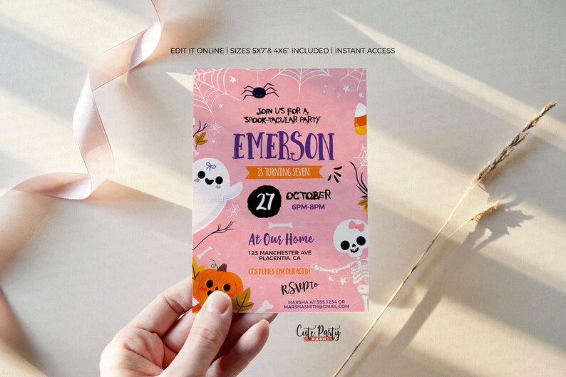 May include: Pink Halloween party invitation with a ghost and skeleton illustration. The invitation says "Join us for a Spook-tacular Party" and includes the name "Emerson" and the date "October 27th".