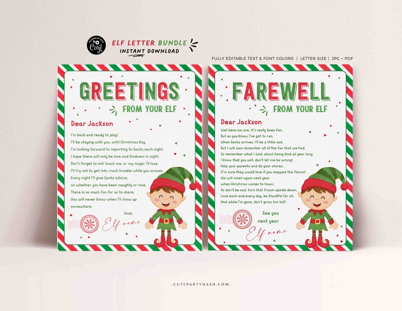 Elf I'm Back letter from elf Bundle  INSTANT DOWNLOAD Hello Letter from Elf EDITABLE Arrival Note Goodbye greetings Printable 600