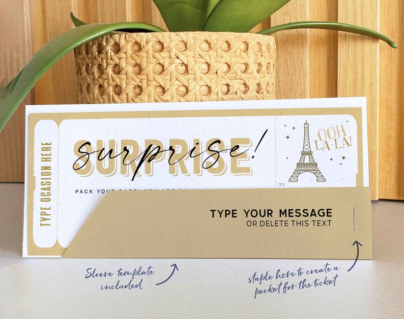 Surprise Trip to Paris Gift ticket Template, Editable Travel ticket, Birthday Paris France Vacation Boarding Pass Trip INSTANT DOWNLOAD