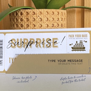 May include: A printable surprise ticket template with a gold and white colour scheme. The ticket says "Pack your bags, you're setting sail!" and has a gold ship icon. The ticket has a space to type a message and a space to type the occasion. The ticket is designed to be stapled to a sleeve template, which is included.