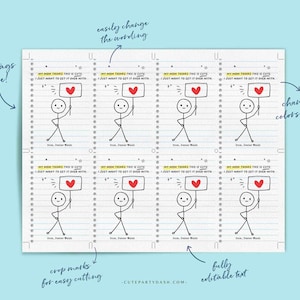 May include: Printable gift tags featuring a stick figure holding a sign that says "My Mum thinks this is cute. I just want to get it over with." The tags are designed to look like notebook paper with red hearts and are fully editable.