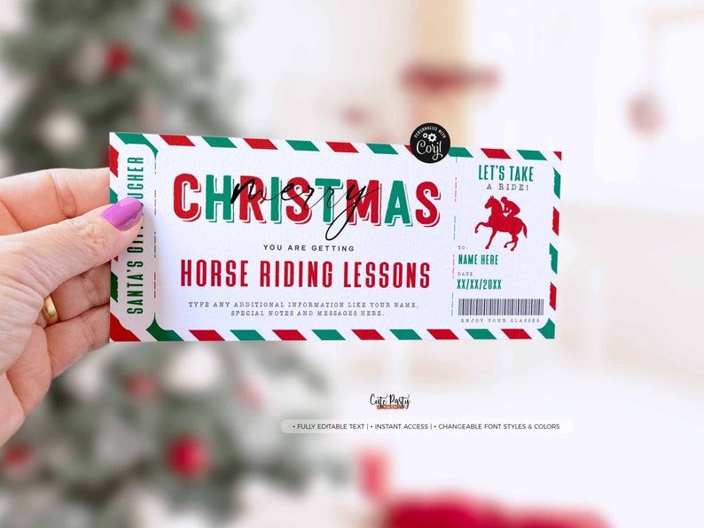 May include: A red and green Christmas-themed gift certificate for horse riding lessons. The certificate is shaped like a train ticket and says "Let's take a ride!" and "You are getting horse riding lessons".