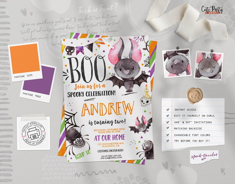May include: A printable Halloween party invitation with a cute cartoon bat and spider. The invitation is for Andrew's second birthday and says "Boo! Join us for a spooky celebration!" The invitation is decorated with orange, green, and purple colors.