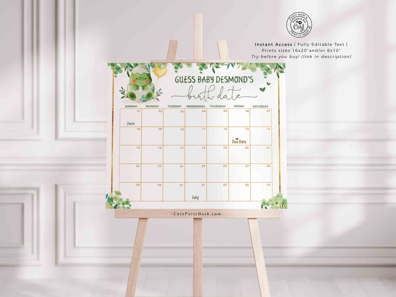 EDITABLE Dinosaur Baby Shower Guess the Due Date Calendar Game, Prediction Poster, Guess Baby's Birth Date Calendar INSTANT DOWNLOAD