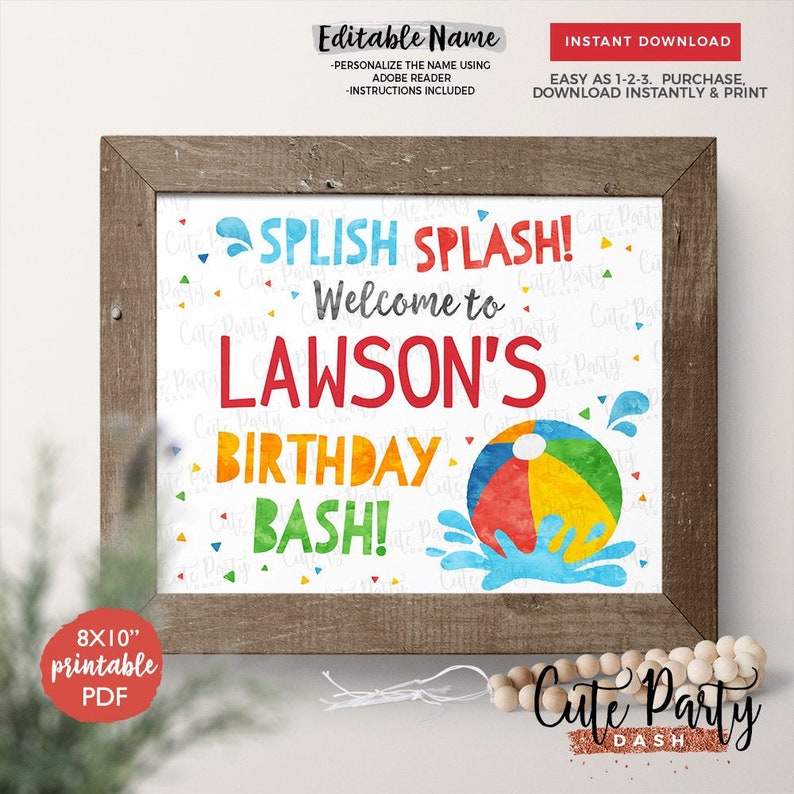 INSTANT DOWNLOAD EDITABLE Pool Party Birthday Welcome sign Beach ball Printable decorations Summer Party Pool Party decor boys 427 image 1