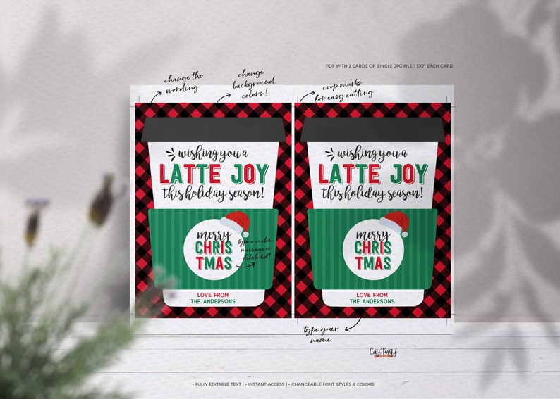 Editable Christmas Wishing you a latte joy this holiday season Coffee Gift Card Holder, Teacher Thanks a Latte Gift card , INSTANT DOWNLOAD
