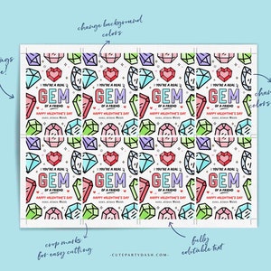May include: Printable Valentine's Day tags featuring a colorful gem pattern and the text "You're a real gem of a friend."  The tags are designed to be cut out and used as gift tags.