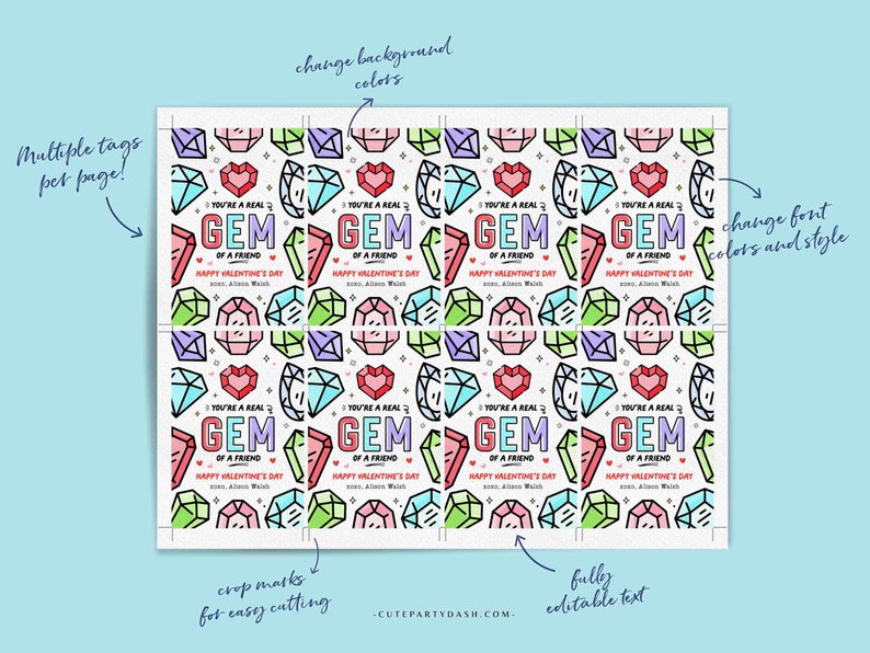 May include: Printable Valentine's Day tags featuring a colorful gem pattern and the text "You're a real gem of a friend."  The tags are designed to be cut out and used as gift tags.