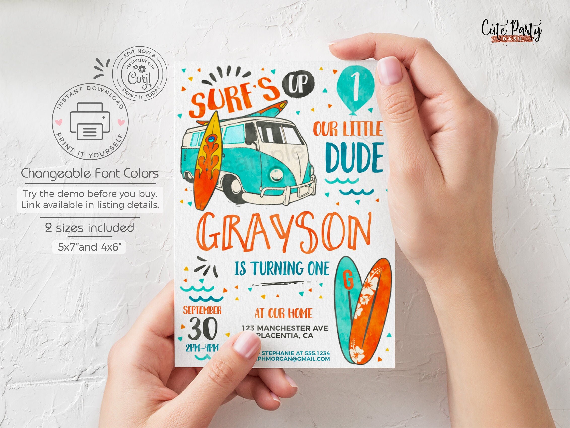 Surf Party invitation printable Surf's Up Birthday | Etsy