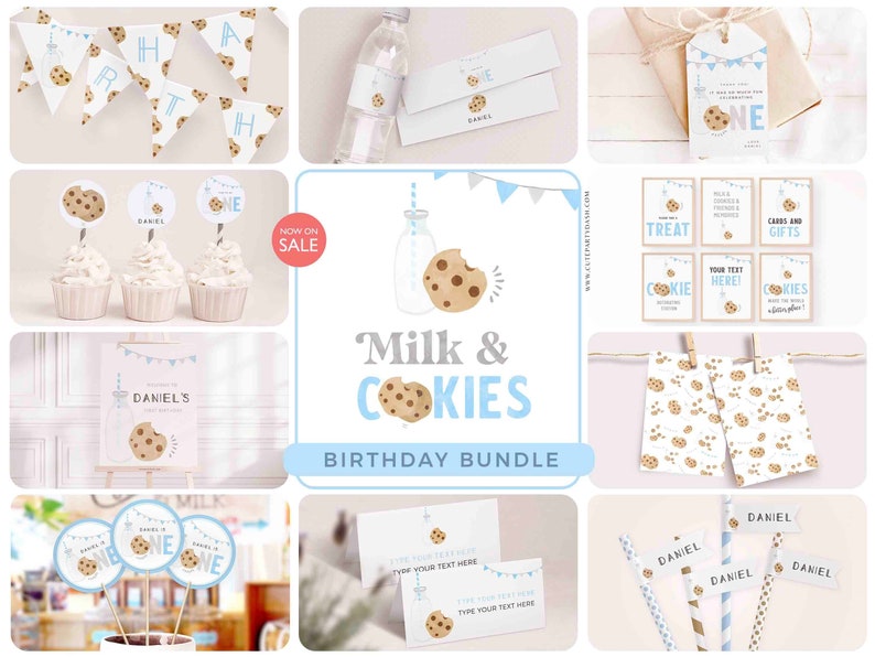K&ouml;nnte beinhalten: Ein blaues und wei&szlig;es, druckbares Party-Set zum Thema Milch und Kekse. Das Set enth&auml;lt eine Girlande, Cupcake-Topper, Etiketten f&uuml;r Wasserflaschen, Geschenkanh&auml;nger, Geschenkanh&auml;nger, Strohhalme und Schilder. Das Design zeigt eine Milchflasche und einen Keks.