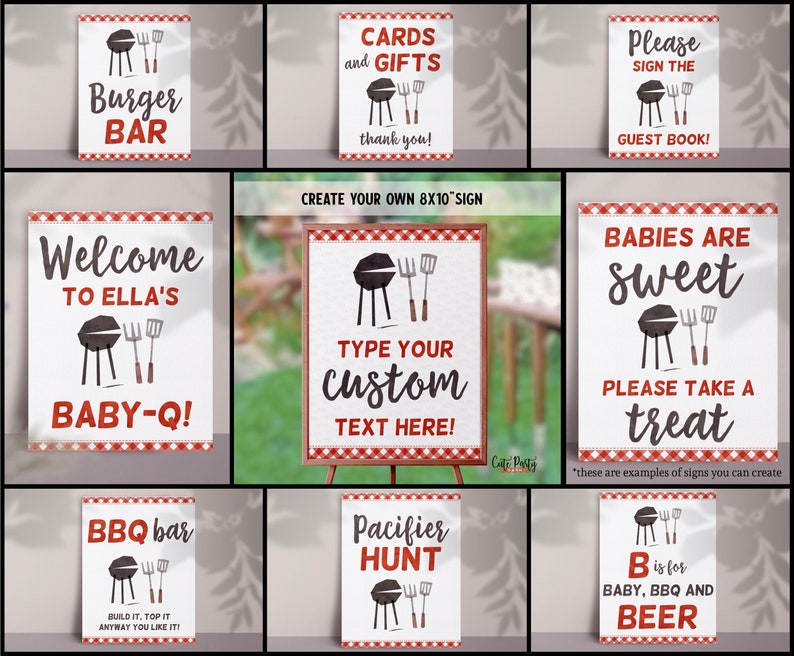 May include: Printable 8x10 inch signs for a baby shower with a barbecue theme. The signs feature a grill, utensils, and text such as "Welcome to Ella's Baby-Q!" and "Babies are sweet, please take a treat".