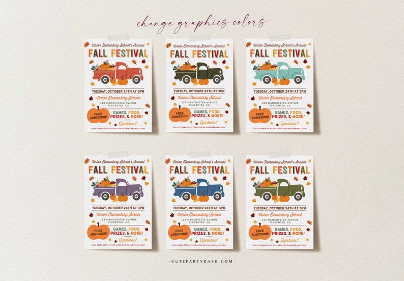 Op de afbeelding: Zes kleurrijke, printbare flyers voor een herfstfestival. Elke flyer toont een cartoontruck met pompoenen en herfstbladeren. De tekst op de flyer luidt "Herfstfestival" en bevat de datum, tijd en locatie van het evenement. De flyer vermeldt ook gratis toegang, spelletjes, eten, prijzen en meer.