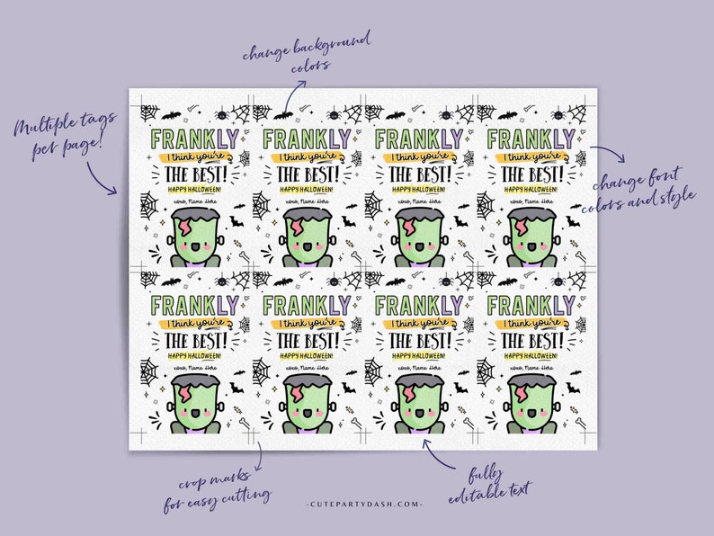 Op de afbeelding: Printbare Halloween-cadeautjes met een schattig cartoon Frankenstein-monster met de tekst "Eerlijk gezegd, ik vind je de beste! Gelukkig Halloween". De labels zijn ontworpen met een witte achtergrond en zwarte en groene illustraties.