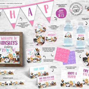 May include: Printable party decorations for a dog-themed birthday party. The set includes a banner, cupcake toppers, water bottle labels, favor tags, food cards, party signs, and a welcome sign. The decorations feature a variety of dogs wearing party hats and holding balloons. The text on the welcome sign reads "Welcome to Ainsley's Birthday Paw-ty!"