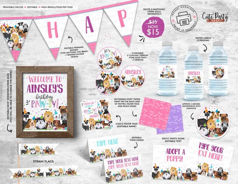 May include: Printable party decorations for a dog-themed birthday party. The set includes a banner, cupcake toppers, water bottle labels, favor tags, food cards, party signs, and a welcome sign. The decorations feature a variety of dogs wearing party hats and holding balloons. The text on the welcome sign reads "Welcome to Ainsley's Birthday Paw-ty!"