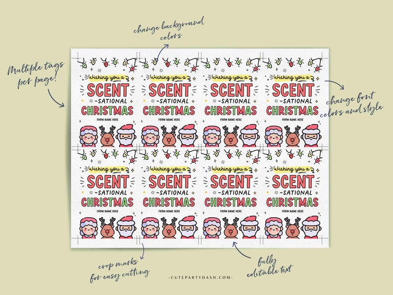 May include: Printable Christmas gift tags featuring a cute cartoon Santa Claus, reindeer, and a girl with a red and green color scheme. The tags have the text "Wishing you a Scent-sational Christmas" with a place to write a name.