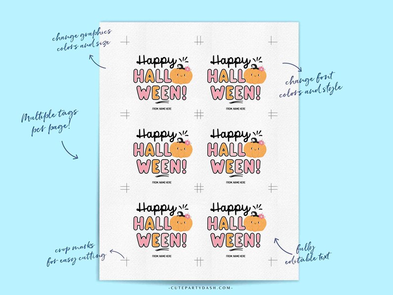 May include: Printable Halloween tags with a cute pumpkin design. The tags say "Happy Halloween!" in pink and black letters. The tags are ready to be printed and cut out.
